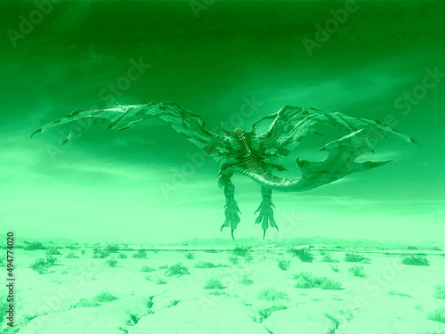 monster dragon on desert is taking off rear view