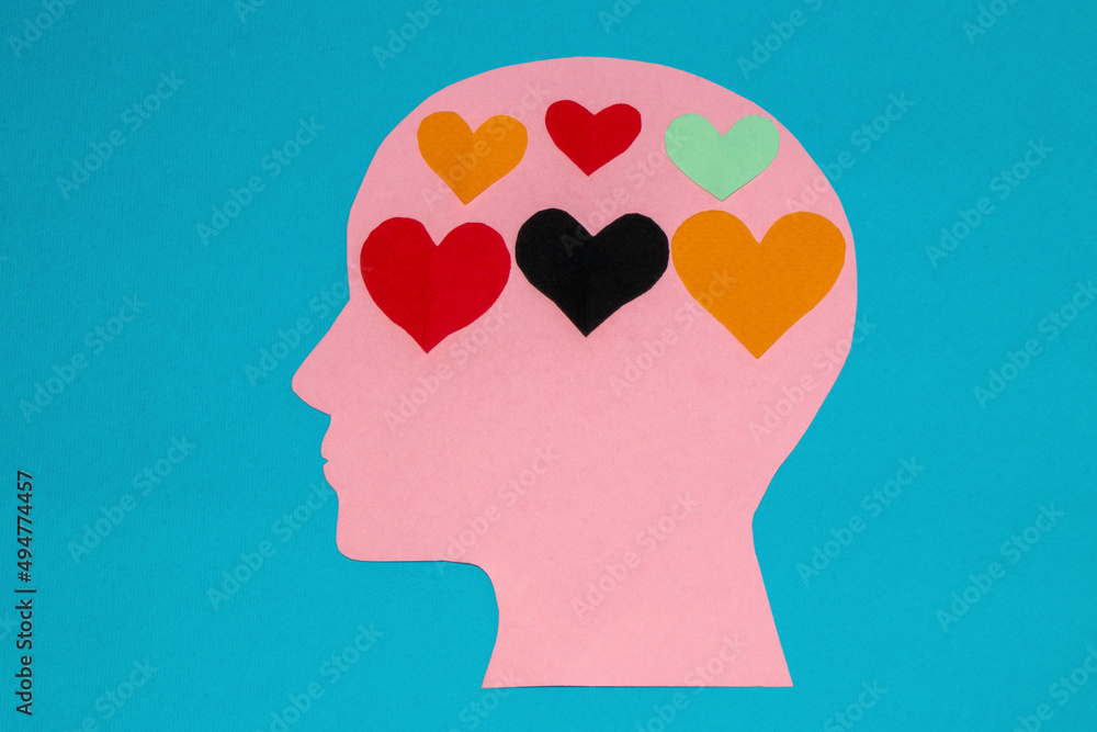 six hearts in a pink paper head instead of a brain, creative love design, sensitive flat composition six hearts in a pink paper head instead of a brain, creative love design, sensitive flat composition