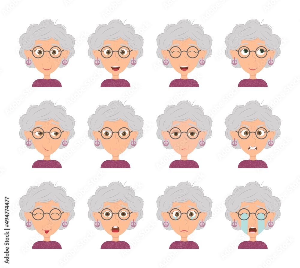 Emotion hippie old woman character vector illustration Emotion hippie old woman character vector illustration