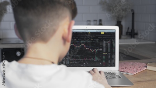 Fototapeta Naklejka Na Ścianę i Meble -  The boy is sitting at the computer and looking at an Online Stock Market Chart Showing Bearish And Bullish Trends Of The Bitcoin Currency. In real time