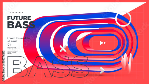 Future bass Electro music poster design. Club party flyer. Sound background with 3d futuristic object blue and red color. Vector