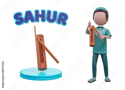 man with a pentungan wake up sahur on ramadan kareem - 3d character rendered with isolated design photo