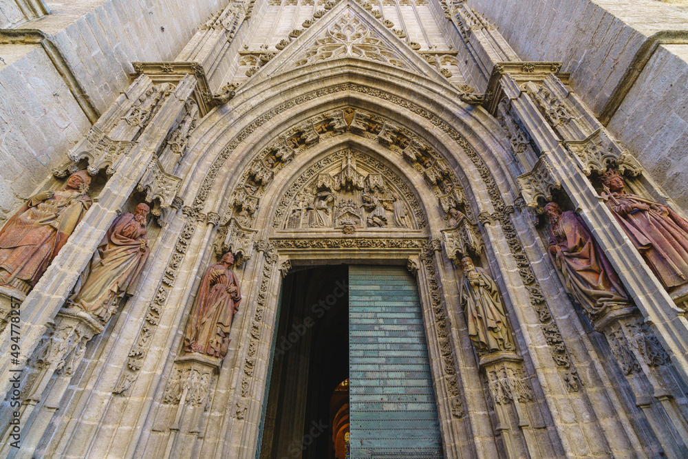 Detail of the facade of the Cathedral of Seville, in Andalucia, Spain 