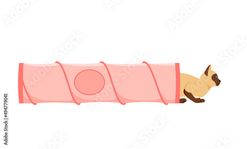 Cat tunnel. Cute siamese cat in collapsible toy tube. Hiding and resting place for indoor pet. Flat style vector 