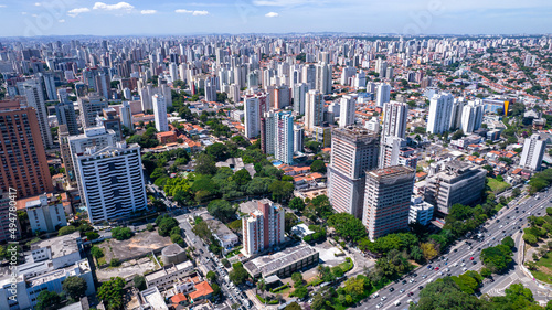 Aerial view of the city of S  o Paulo  Brazil. In the neighborhood of Vila Clementino  Jabaquara. Aerial drone photo. Avenida 23 de Maio in the background. Residential and commercial buildings
