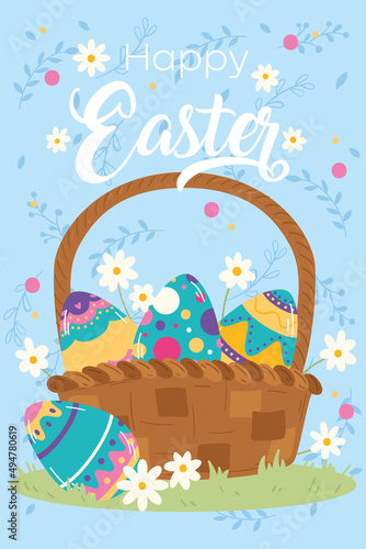 Fototapeta Naklejka Na Ścianę i Meble -  Wooden basket with easter painted eggs Easter week invitational card Vector