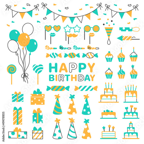Birthday party flat line icons set. Color anniversary elements on white background for carnival event celebration invitation banner, card design. Gift box balloon birthday cake hat vector illustration