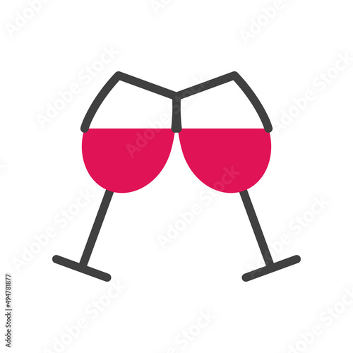 Flat line two red wine glasses icon isolated on white background. Outline abstract cheers beverage sign logo for bar restaurant design. Alcohol drink symbol. Romantic party object vector illustration.