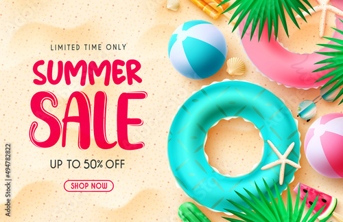 Summer sale vector banner design. Summer sale text in beach sand background with limited time discount offer for seasonal promotion advertising. Vector illustration.

