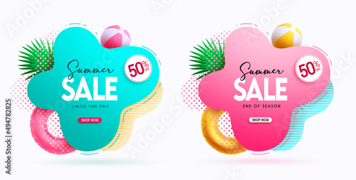 Summer sale vector banner set. Summer sale text in abstract shape design with limited time price discount promo for tropical end of season ads offer collection design. Vector illustration.
