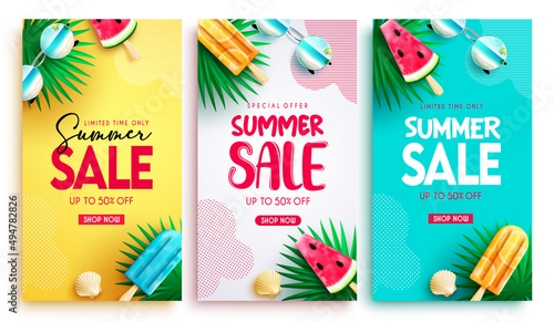 Summer sale vector poster set design. Summer sale text collection with tropical object elements and pattern for seasonal special price discount offer. Vector illustration.
