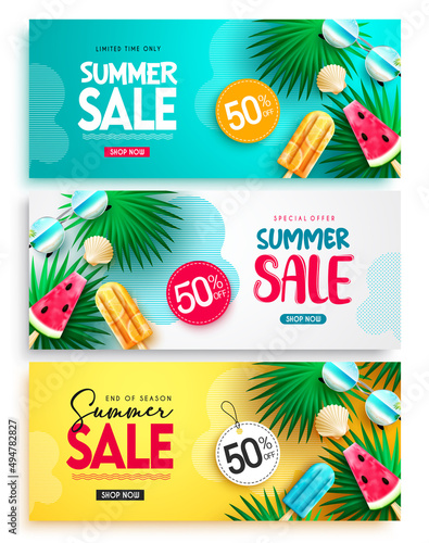 Summer sale vector banner set design. Summer sale text in tropical season pattern and elements with special limited price offer for seasonal discount collection. Vector illustration.
