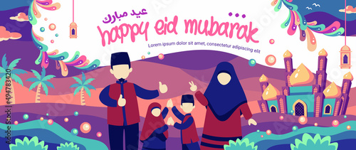 Full Color Happy Family Illustration Happy Eid Mubarak Greeting Card Template
