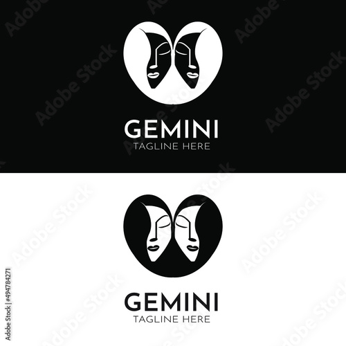 Beautiful twin girl for gemini tattoo zodiac sign and simple retro vintage illustration female health spa skin care face treatment identity brand