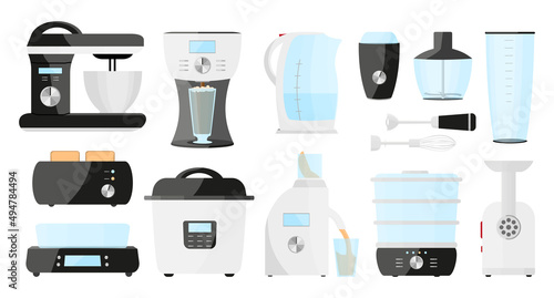 Kitchen appliance fast cooking food flat set. Automatic food processor multicooker blender mixer steamer meat grinder coffee maker kettle. Smart electric make life easy techstore promo icon isolated