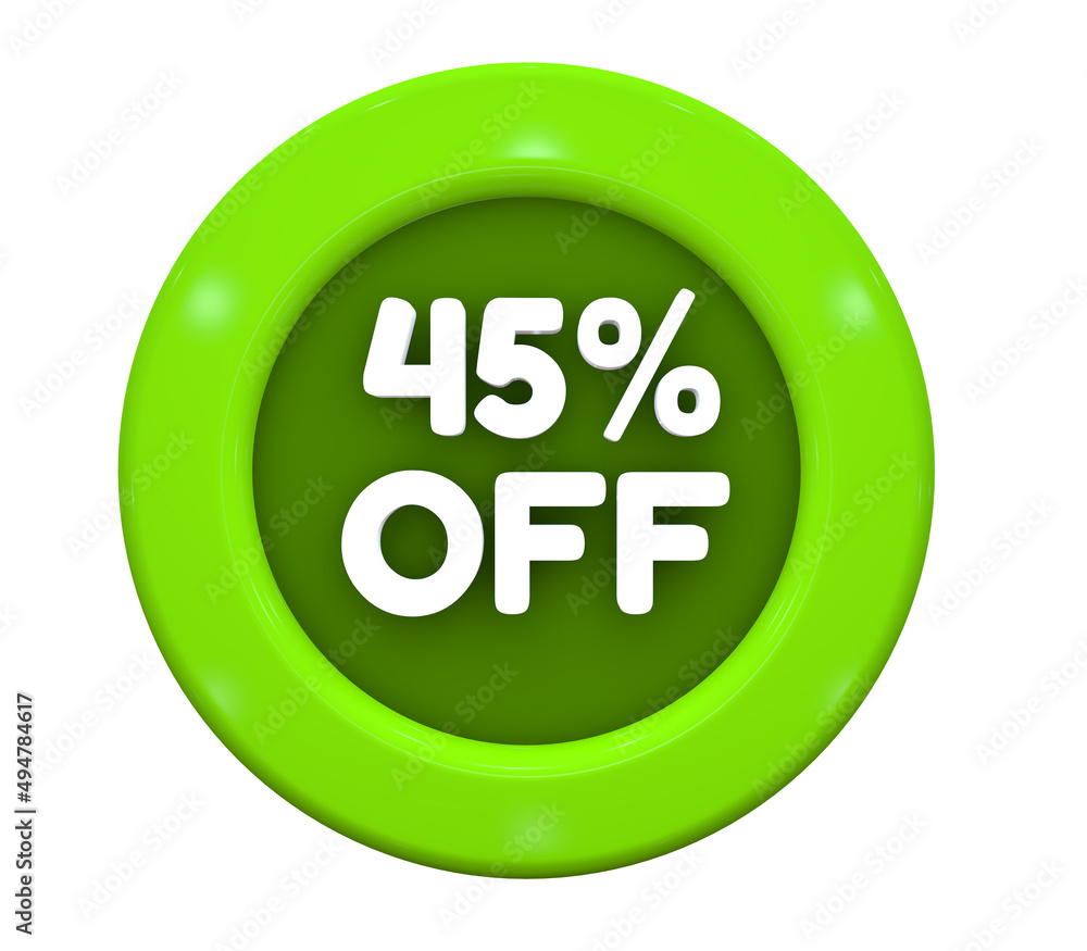 3D Illustration. Button with text: 45% off. Special Offer for big sales. White text on a green background. 3D Illustration. Button with text: 45% off. Special Offer for big sales. White text on a green background.
