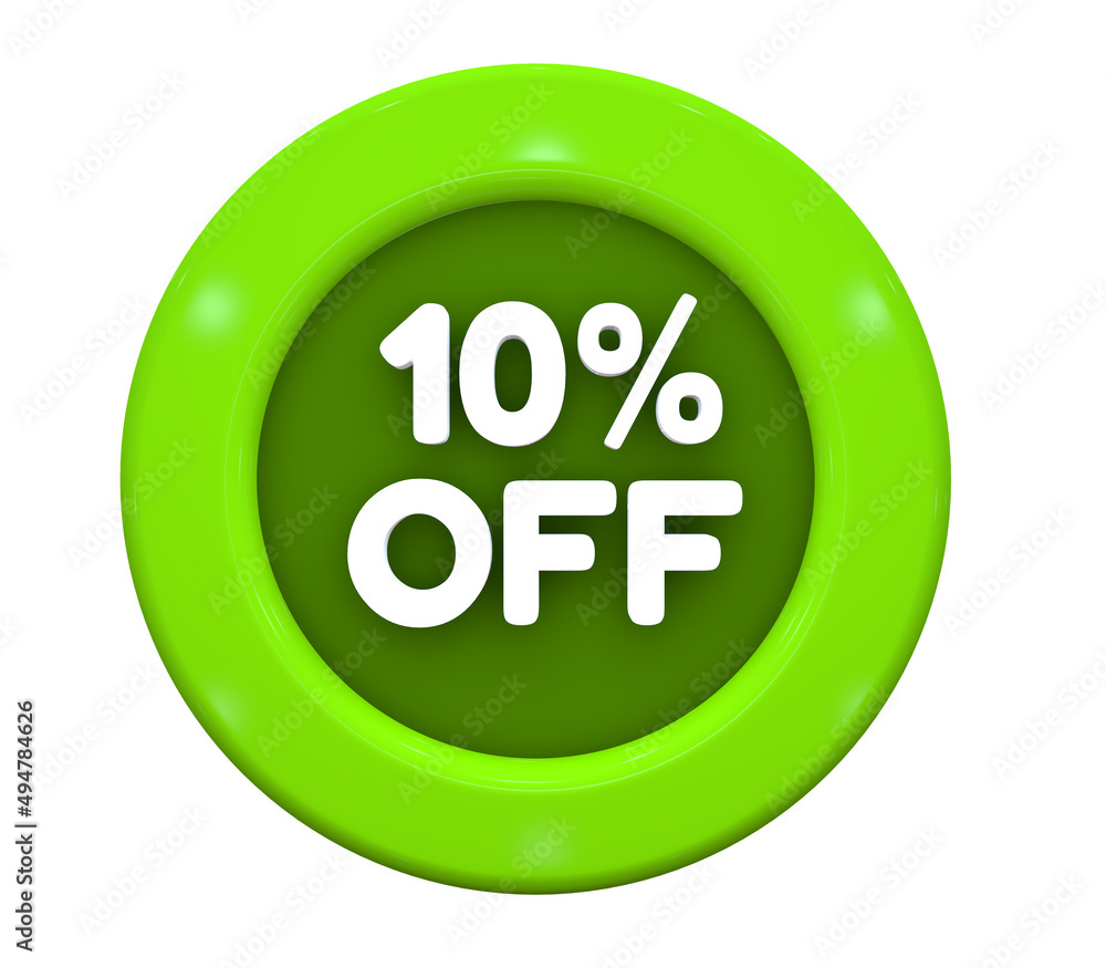 3D Illustration. Button with text: 10% off. Special Offer for big sales. White text on a green background. 3D Illustration. Button with text: 10% off. Special Offer for big sales. White text on a green background.