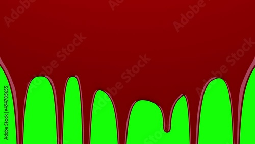 Dark red blood drips on green screen and transparent background. Liquid flowing down the surface in streams, melting drops create streaks. 3D animation. Chroma key, alpha channel ProRes 4444 in 4k UHD