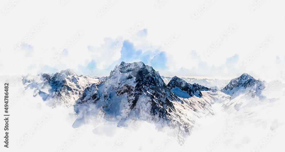 Watercolor painting illustration of high mountains covered with snow 