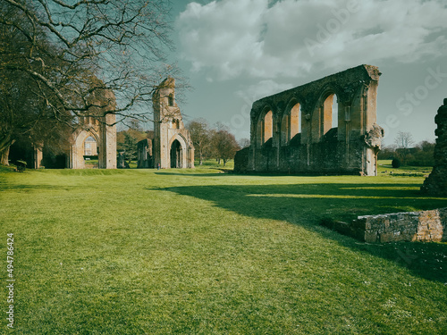Glastonbury Town, old castle ruins, and Glastonbury Tor. English County in Somerset.