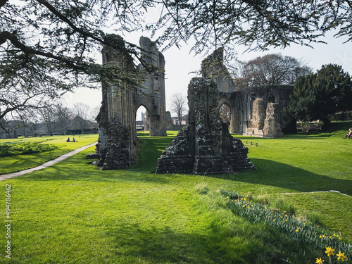 Glastonbury Town, old castle ruins, and Glastonbury Tor. English County in Somerset.