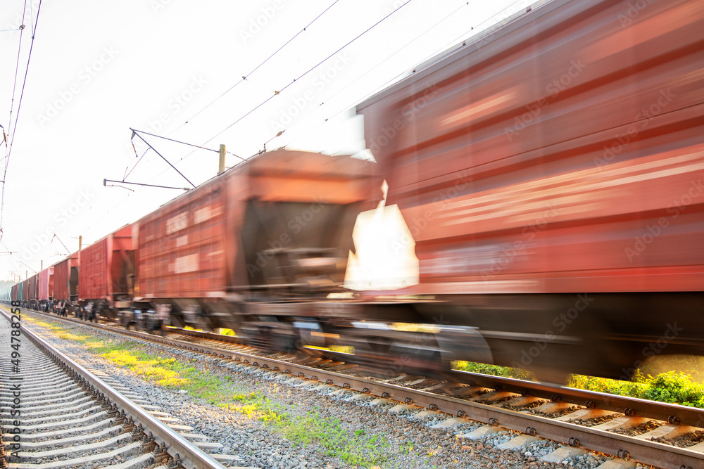 Obraz premium A freight train loaded with resources delivers cargo through the forest.