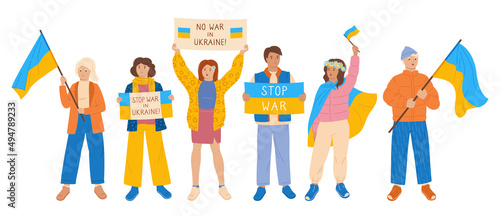 People at rally Stop war in Ukraine. Person hold flag, banner and poster no war. Young men and women take part political meeting. Protest, parade against warfare set. Flat design illustration