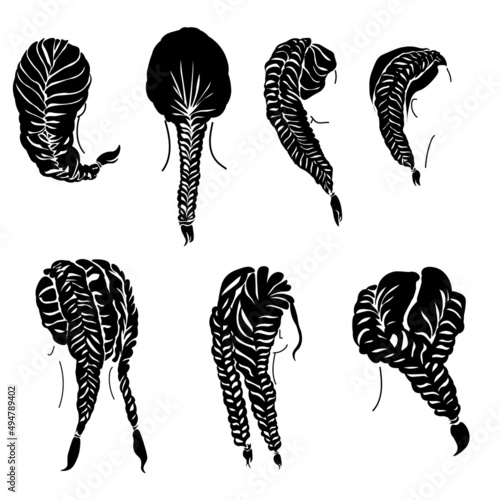 Hairstyle fishtail set of silhouettes, stylish braids for long and medium hair