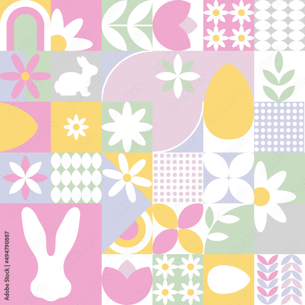 Wesołych Świąt Wielkanocnych - kolorowa pastelowa mozaika z królikiem, jajkami i kwiatami. Powtarzający się wzór na kartki świąteczne. - obrazy, fototapety, plakaty 