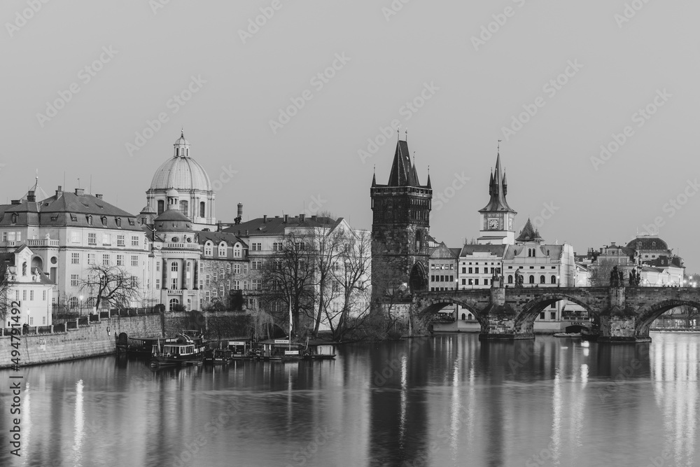 Prague the capital of the Czech Republic and the most beautiful city in Europe with beautiful churches temples in black and white design.