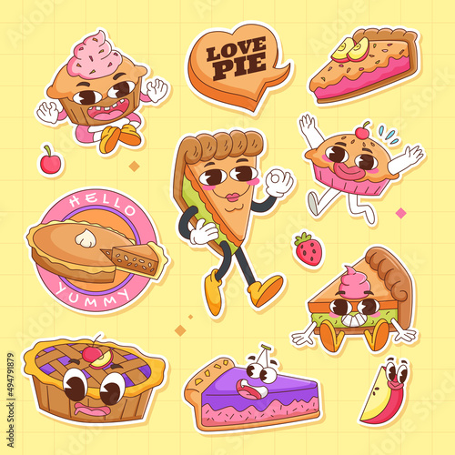 Line Art chunky Hippie Retro hippie stickers, psychedelic groovy set bundle elements. Cute vintage icons Sticker Label in 70s, 80s, 90s style. Flat vector illustration, Pie pancake design templates.
