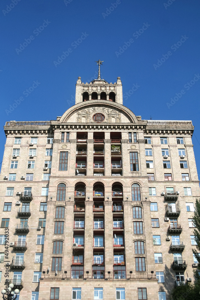 Typical soviet classicism architecture on khreshchatyk street in Kyiv, Ukraine. These apartment buildings of downtown kiev are a symbol of stalinist architecture...
