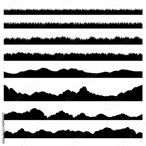 Black Grassland and Rocky Mountain Silhouette Graphics  set of vector elements.