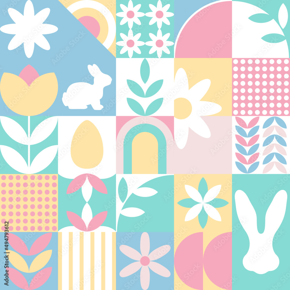 Wesołych Świąt Wielkanocnych - wiosenna pastelowa mozaika z królikiem, jajkami i kwiatami. Powtarzający się wzór na kartki świąteczne. - obrazy, fototapety, plakaty 