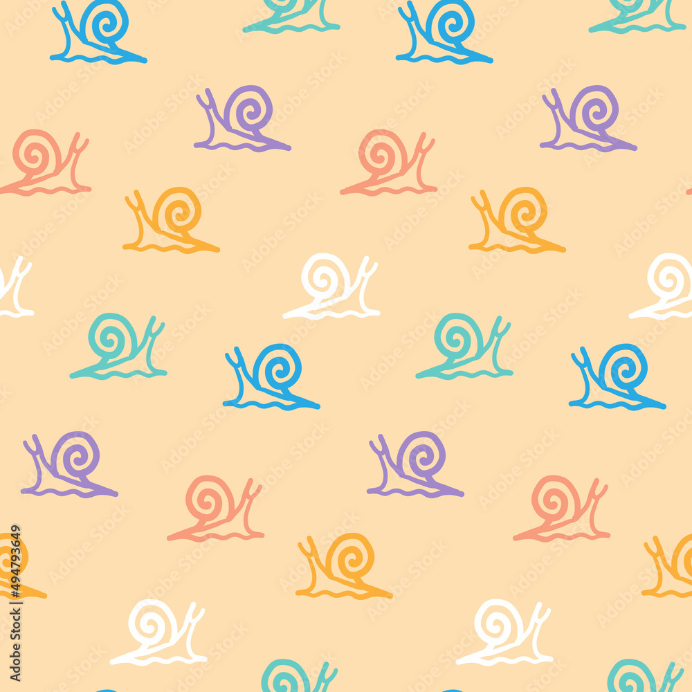 Doodle snails seamless pattern. Multicolor hand drawn snails on light orange background. For textile design