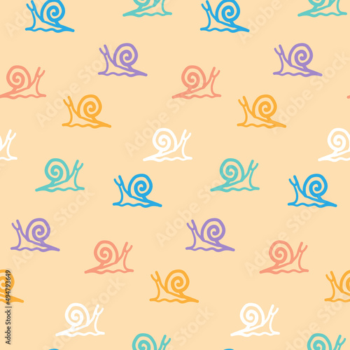 Doodle snails seamless pattern. Multicolor hand drawn snails on light orange background. For textile design