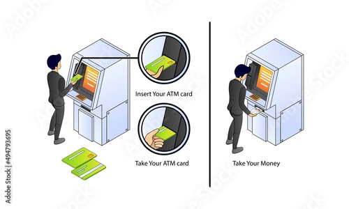 Illustration of premium vector isometric style about atm banking and finance with a character