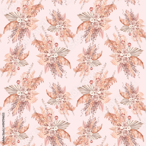 Trendy dried palm leaves  blush pink and rust rose  pampas grass watercolor design pattern.Trendy flower. Beige  gold  brown  rust  taupe. Seamless pattern