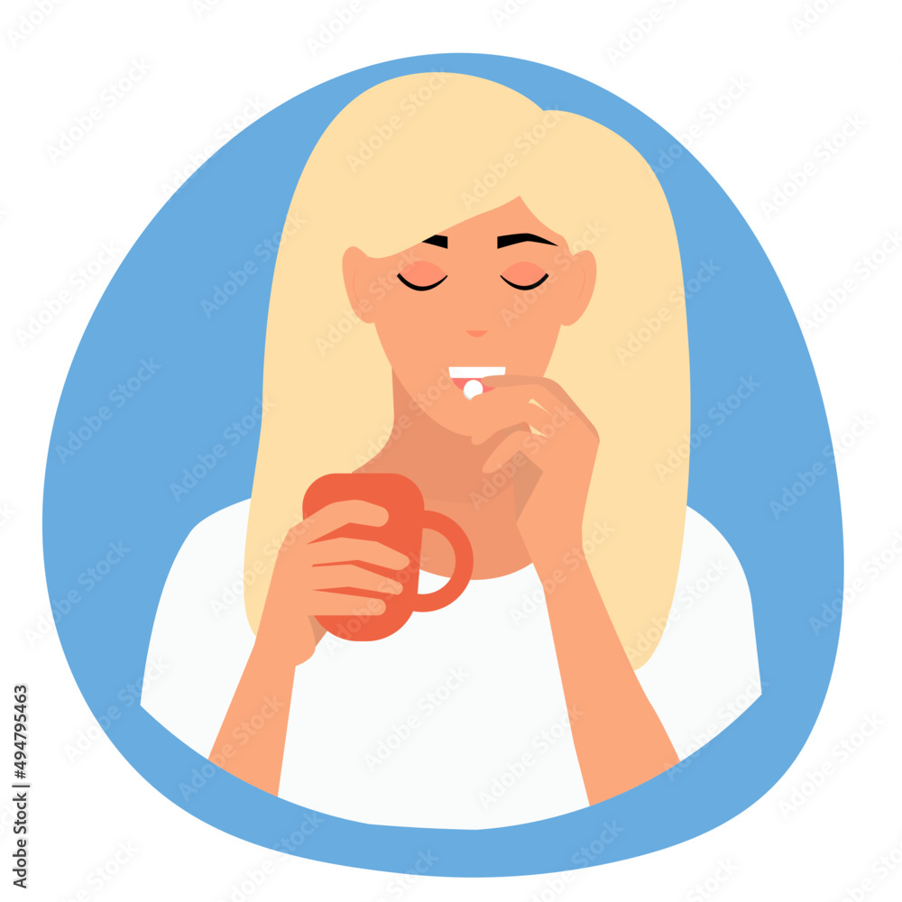 Fototapeta premium Blond woman takes pill and holding a cup of tea, water or coffee, vector illuctrator
