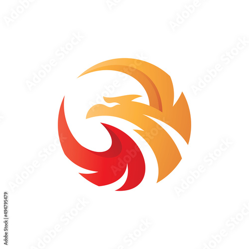 Flying phoenix logo design. Abstract bird head and wing vector icon with red and orange gradient color