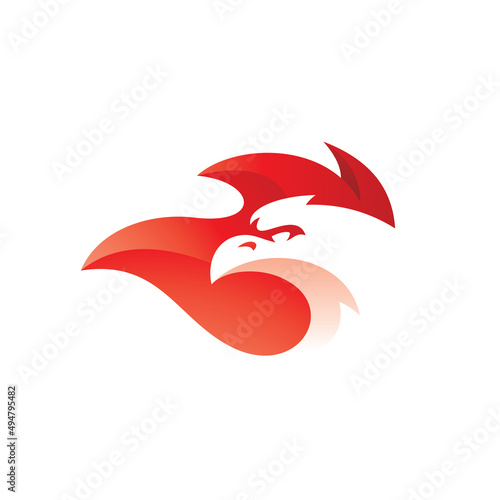 Bird head and fire or flame logo design. Modern phoenix vector icon with red gradient color