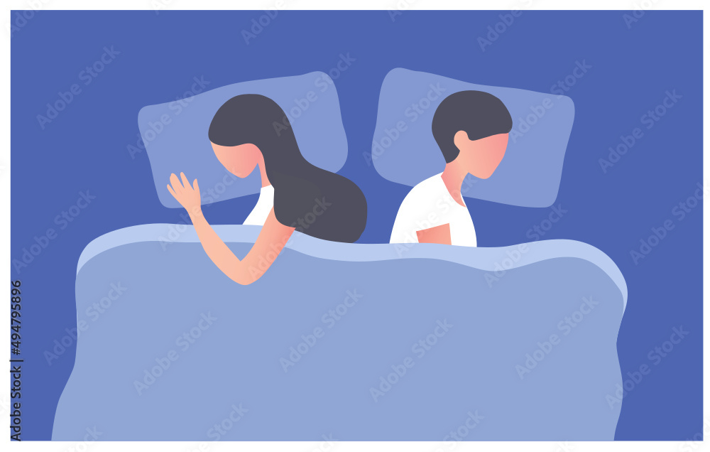 Depressed couple sleeping back to back in bed room. Depression, Intimate, quarrel, conflict, married or sexual problems in couple vector illustration Depressed couple sleeping back to back in bed room. Depression, Intimate, quarrel, conflict, married or sexual problems in couple vector illustration