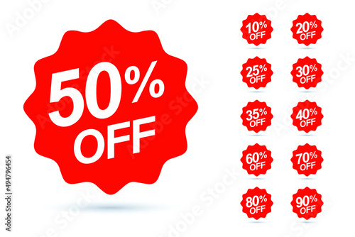 Sale tag speech bubble red shape with different discount set. 10, 20, 25, 30, 35, 40, 50, 60, 70, 80 and 90 percent price clearance sticker badge banner label vector illustration isolated. EPS 10.
