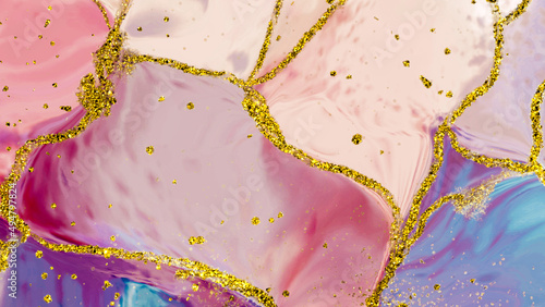 fancy abstract fluid art painting illustration with alcohol ink technique, red, purple and blue paint mix. Imitation of cut marble stone, accompanied by golden dots #3