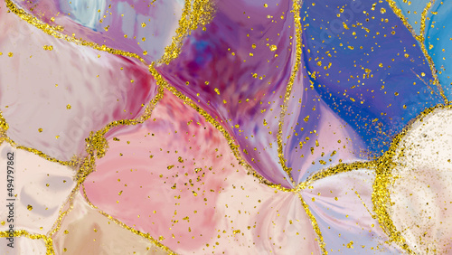 fancy abstract fluid art painting illustration with alcohol ink technique, red, purple and blue paint mix. Imitation of cut marble stone, accompanied by golden dots #2