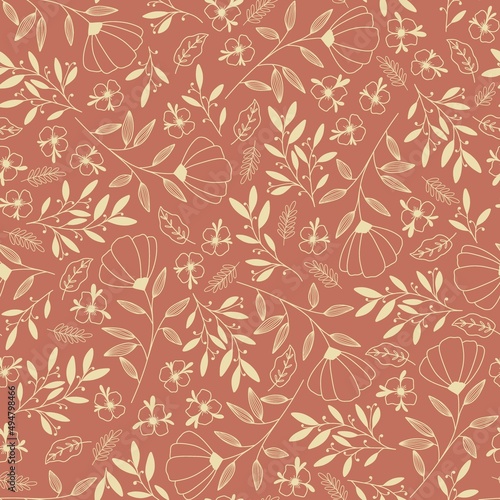 Seamless vector pattern. Modern garden flowers  monotone retro mood. Design for fashion  fabric  web  wallpapers  packaging and all prints on vintage orange color.