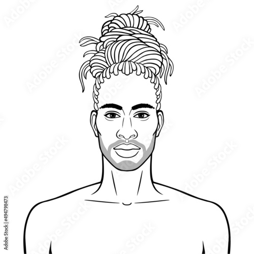 Animation portrait of beautiful African man  with dreadlock hairstyle. Monochrome drawing. Vector illustration isolated on a white background. Be used for coloring book.