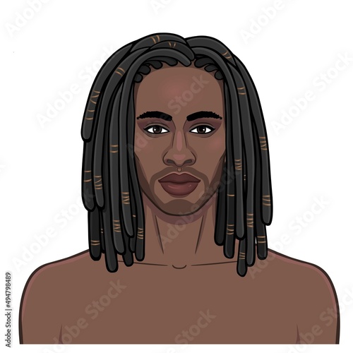 Animation portrait of beautiful African man  with dreadlock hairstyle. Color drawing. Vector illustration isolated on a white background. 