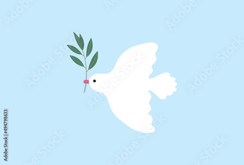 青空を飛ぶオリーブの葉が付いた枝をくわえた白い鳩- 平和・Peace Day・停戦のイメージ素材