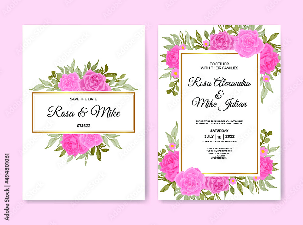 beautiful pink rose flower warecolor wedding invitation template